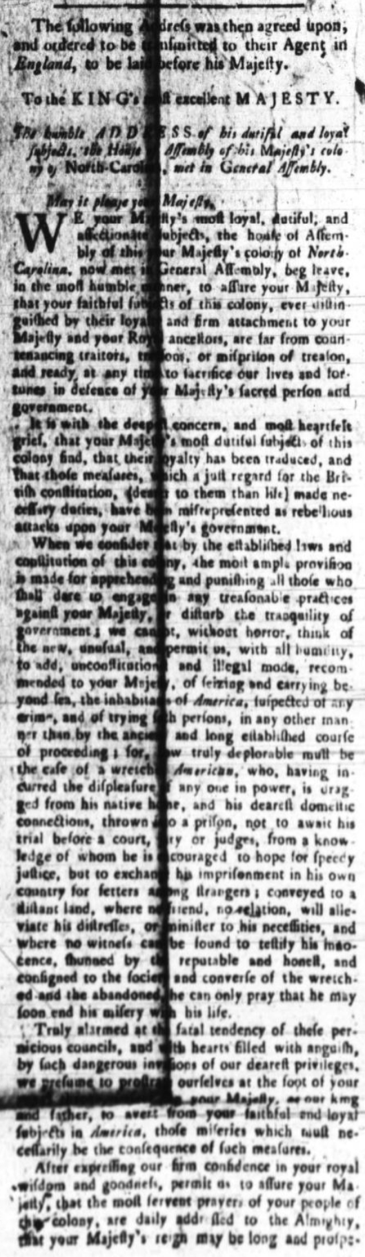 Humble Address to King George III from the North Carolina General Assembly 1