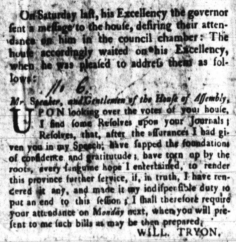 Lord Tryon’s Address to the North Carolina General Assembly 1769