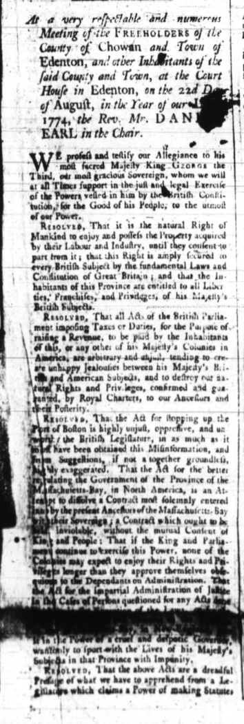 Nonimportation Resolves of Chowan County 23 August 1774, page 1