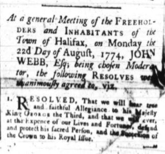 Nonimportation Resolves of Halifax 22 August 1774, page 1