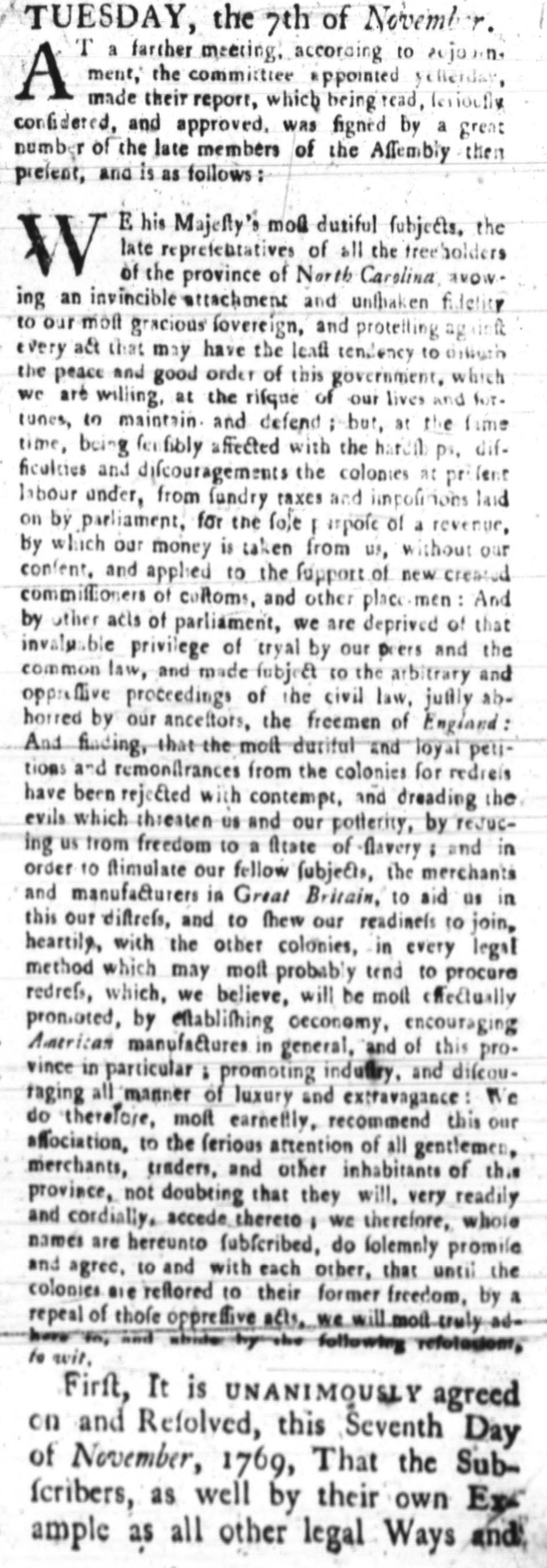 North Carolian General Assembly nonimportation resolves page 1