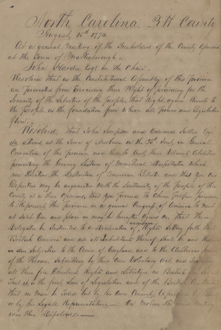 Proceedings of the Pitt County Committee of Safety, 15 August  1774