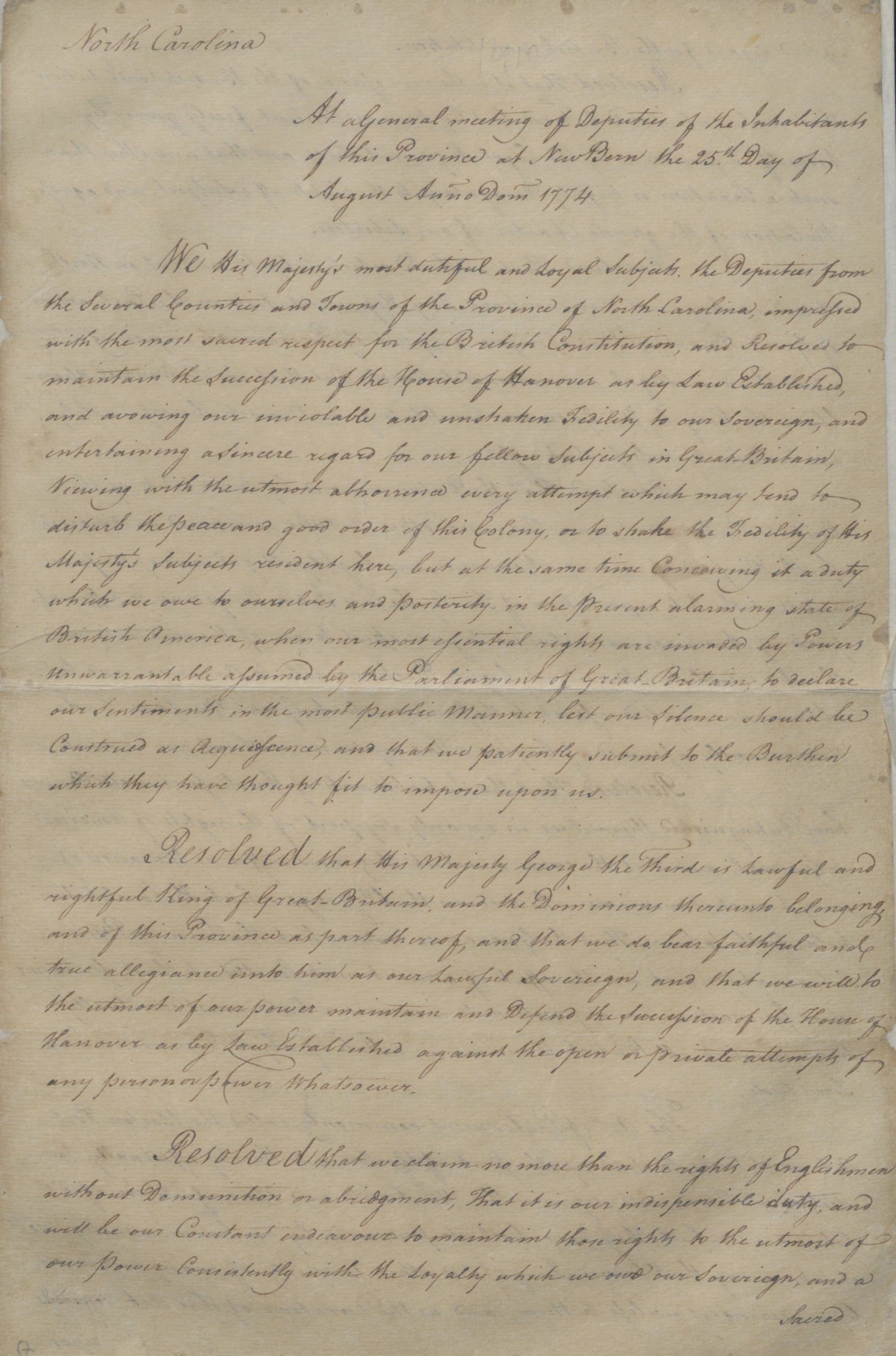 New Bern Resolves, 27 August 1774 Page 1