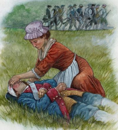 Illustration of a woman tending to a Patriot soldier on a battleground while a company marches away in the background.