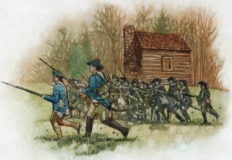 Illustration of Patriot soldiers charging across a field with a Quaker meetinghouse in the background.
