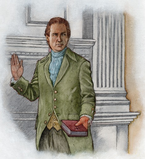 Illustration of a colonial man swearing a loyalty oath.