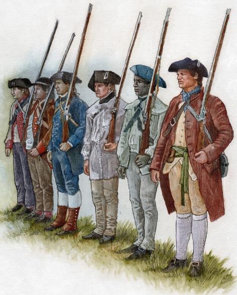 Illustration of six men standing at attention in Revolutionary era military dress.