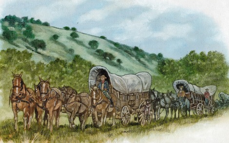Illustration of a horse-drawn covered wagon caravan passing through a valley.