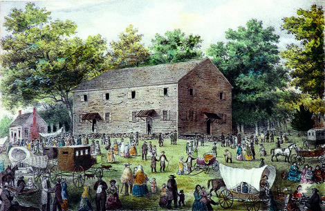 Painting of the colonial-era Quaker meetinghouse with people congregated around it.