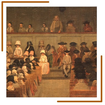 Painting of the interior of Quaker Meeting House from the 1770s.