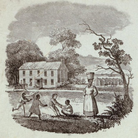 Engraving of an enslaved woman with four children playing outside a plantation house.