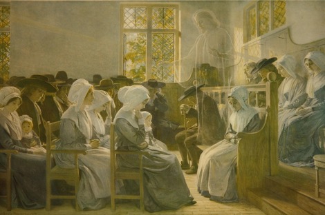 Painting of a religious meeting with a ghostly pirit hovering in the center of the meeting.