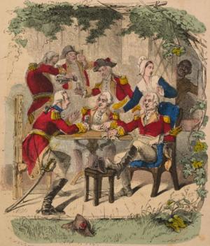 Print of a woman entertaining a group of British officers.