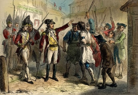 Engraving of Governor Tryon speaking with an angry crowd of protestors