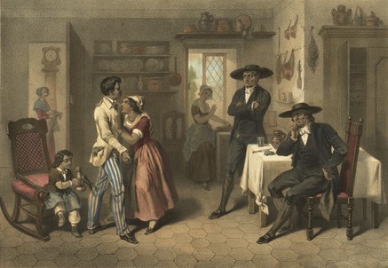 Painting of a man and woman embracing in front of two men in a living room. A child sits in a chair behind the couple and a woman is standing in a kitchen.