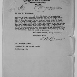 Letter from Thomas W. Bickett to Woodrow Wilson, 28 June 1920