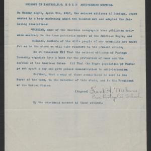 Resolution from Black Citizens of Pantego to Gov. Bickett, April 9, 1917