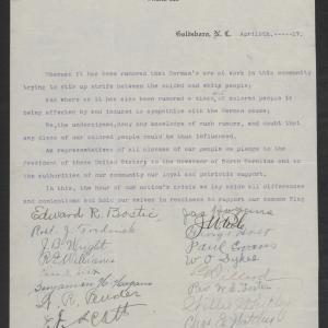 Letter from Black Citizens of Goldsbroro to Gov. Bickett, April 9, 1917