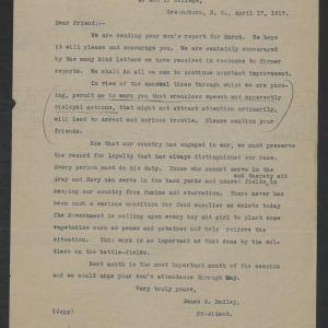 Letter from James B. Dudley to Dear Friend, April 17, 1917