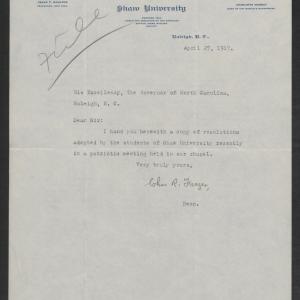 Letter from Charles R. Frazer to Gov. Bickett, April 27, 1917
