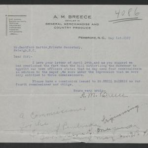 Letter from Alonzo M. Breece to Gov. Bickett, May 1, 1917