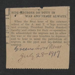 "Bids Negroes Do Duty in War and Peace Always," from Greensboro News, 28 July 1917