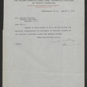 Letter from James B. Dudley to Gov. Bickett, August 6, 1917