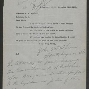 Letter from John M. Stivers to Gov. Bickett, November 12, 1917
