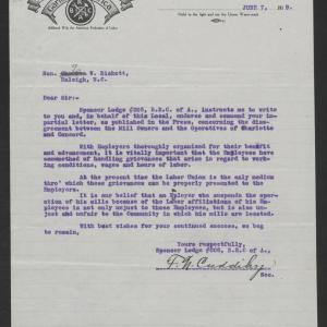 Letter from Francis N. Cuddihy to Gov. Bickett, June 7, 1919