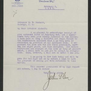 Letter from Julian S. Carr to Gov. Bickett, February 3, 1920