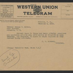 Telegram from Gov. Bickett to George W. McIver, February 9, 1918