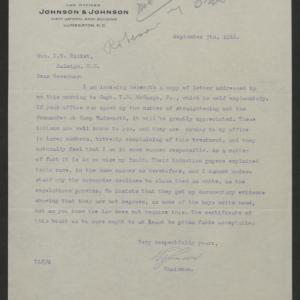 Letter from Thomas L. Johnson to Gov. Bickett, September 5, 1918