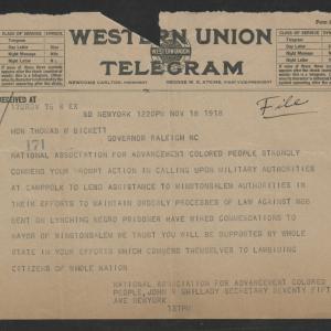 Telegram from John R. Shillady to Gov. Bickett, November 18, 1918