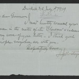 Letter from Seth J. Montague to Thomas W. Bickett, July 1, 1919