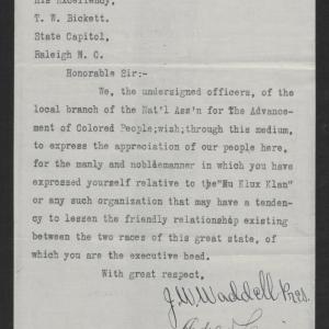 Letter from J. W. Waddell and Andrew Lanier to Thomas W. Bickett, July 1, 1919