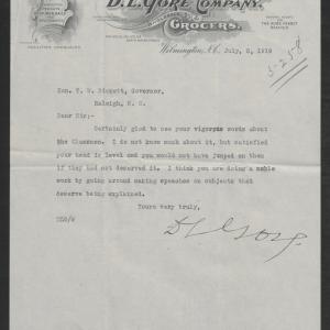 Letter from Daniel L. Gore to Gov. Thomas W. Bickett, July 5, 1919