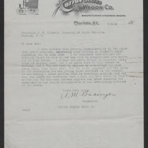 Letter from Andrew M. Basinger to Gov. Thomas W. Bickett, July 2, 1919