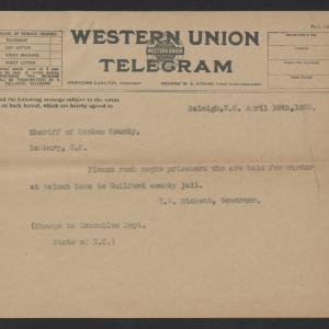 Telegram from Gov. Thomas W. Bickett to Eric O. Shelton, April 19, 1920