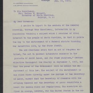 Letter from Mitchell L. Shipman to Thomas W. Bickett, February 19, 1917, page 1