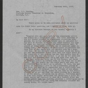 Letter from Thomas W. Bickett to Fordyce C. Harding, February 26, 1919, page 1