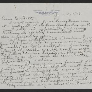 Letter from Frank Armfield to Thomas W. Bickett, June 6, 1919, page 1
