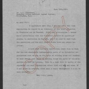 Letter from Thomas W. Bickett to Zollicoffer W. Whitehead, June 12, 1919