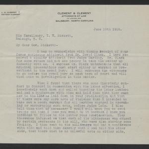 Letter from Hayden Clement to Thomas W. Bickett, June 19, 1919, page 1