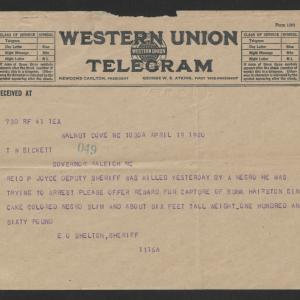 Telegram from Eric O. Shelton to Thomas W. Bickett, April 19, 1920