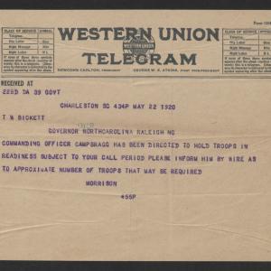 Telegram from John F. Morrison to Thomas W. Bickett, May 22, 1920
