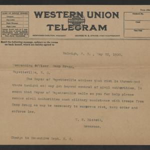 Telegram from Thomas W. Bickett to the Commanding Officer of Camp Bragg, May 22, 1920