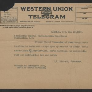 Telegram from Thomas W. Bickett to John F. Morrison, May 22, 1920