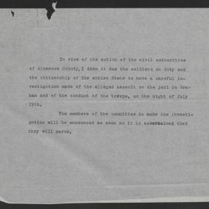Press Statement by Thomas W. Bickett on Alamance County Lynch Mob, July 22, 1920