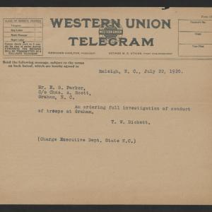 Telegram from Thomas W. Bickett to Edward S. Parker, July 22, 1920