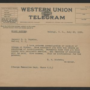 Telegram from Thomas W. Bickett to Beverly S. Royster, July 22, 1920